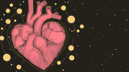 Stylized illustration of a human heart, presented on a dark background with a cosmic design.  The heart is depicted with anatomical detail, emphasized by lines and shading, giving a vintage or hand-drawn appearance.  The background features a network of small, light-colored circles and subtle speckles, creating a cosmic or ethereal effect.の素材