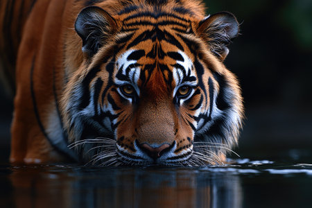A majestic tiger, its focused eyes, stands in the dark water, gazing at the camera. This wildlife photography captures a close-up portrait, taken with a telephoto lens at an aperture of f/4 to create a shallow depth of field. HDR techniques were used to capture the detailed textures and colors, with soft lighting creating an atmospheric scene. --ar 3:2 --stylize 750 --v 6.1 Job ID: 152495e8-10e5-4778-8c7d-e076ef643690の素材