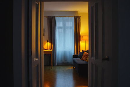 This photo captures a living room scene through an open doorway, emphasizing warm lighting.の素材