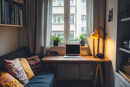 This image showcases a bright and well-lit home office featuring a desk, laptop, and plants.の素材