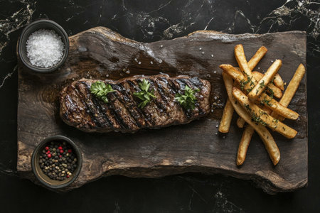 A beautifully presented meal of grilled steak, fries, and seasoning, served on a rustic wooden board.の素材