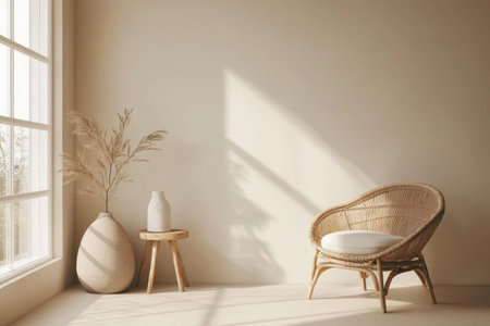The image shows a minimalist living room featuring natural light, a chair, and decorative plants in vases.の素材