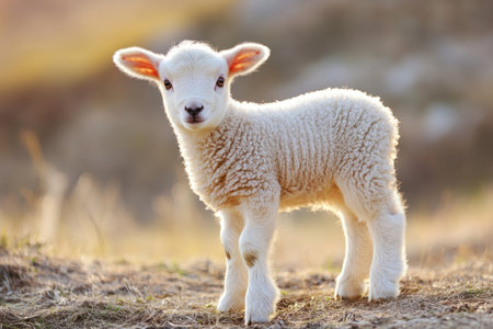 A cute fluffy lamb stands in a field, bathed in warm sunlight, looking directly at the viewer.の素材