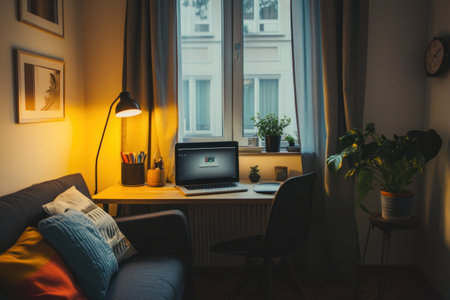 A home office corner is depicted with a desk, laptop, plants, and couch near a window.の素材