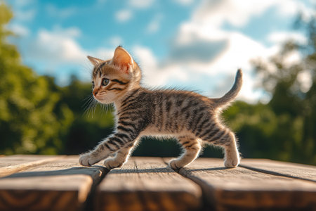 The image showcases a cute kitten walking on a wooden table, possibly exploring the outdoors on a sunny day.の素材