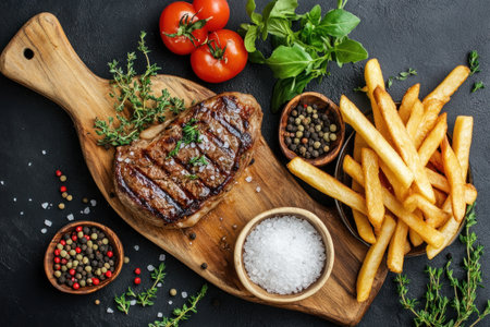 This overhead shot showcases a grilled steak meal with fresh vegetables, fries, and seasonings in a lovely arrangement.の素材