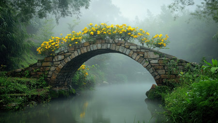 A stone bridge with yellow flowers gracefully arches over a serene, foggy river in a lush, green landscape.の素材