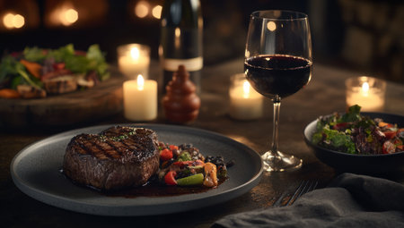 This image displays a romantic fine dining experience featuring a grilled steak with red wine and salad.の素材