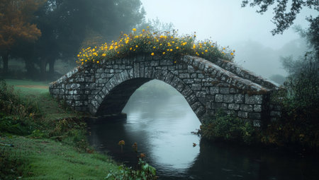 This image showcases a stone bridge with a floral display over a calm body of water in a misty scene.の素材