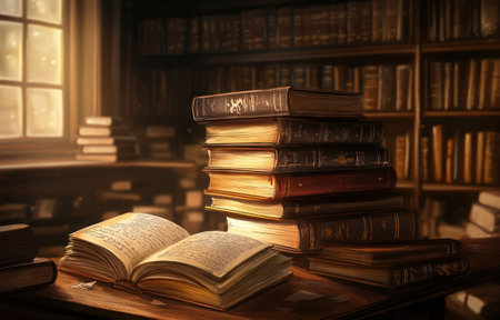 This image shows an open book and stack of books in a warm, inviting library with a lot of history.の素材