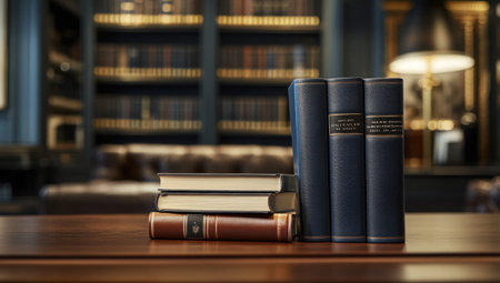 A still life image showcasing a collection of books on a wooden table in a library setting.の素材