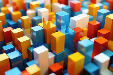 The image depicts a vibrant arrangement of geometric shapes featuring varying colors, creating depth and an abstract look.の素材