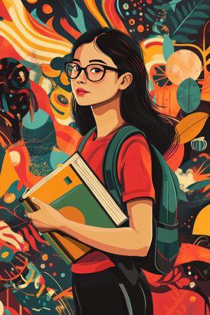 This image is an artistic portrait of a student with books, a backpack, and colorful abstract background.の素材