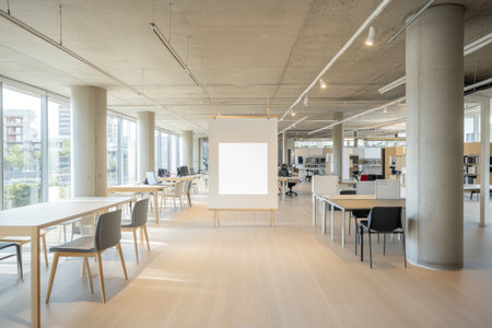 This image depicts a modern library space with desks, chairs, and computers, and a display.の素材