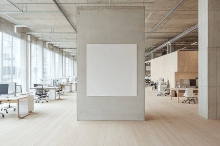 The image displays a modern office interior with minimalist design, featuring workspace areas and a blank square.の素材
