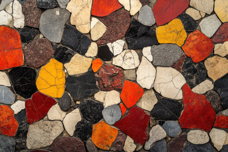 This is a close-up view of a wall created from multiple colorful stone fragments.の素材