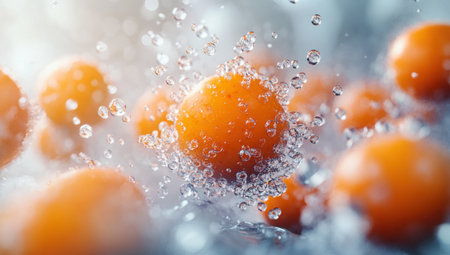 The image shows vibrant oranges being splashed with water droplets, suggesting freshness and refreshment.の素材