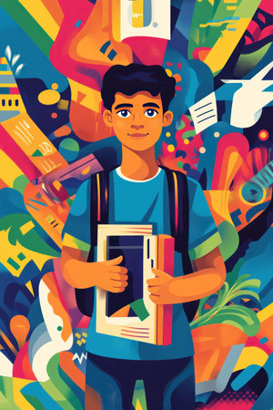 This colorful illustration depicts a young man with books and a backpack, potentially symbolizing education and learning.の素材