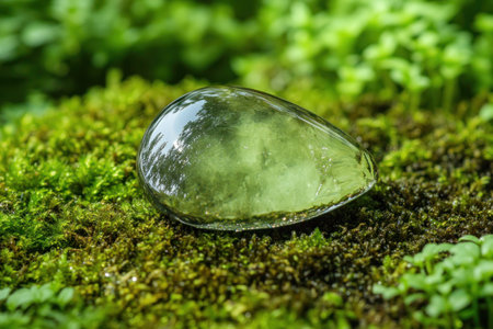 The image shows a smooth green droplet resting on a bed of vibrant green moss.の素材