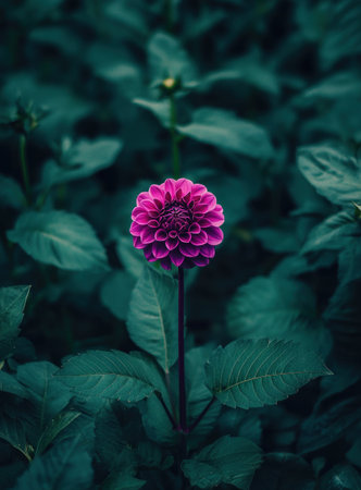The image captures a striking magenta flower surrounded by lush, dark green leaves.の素材