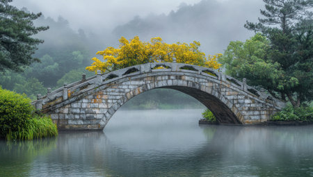 A stone bridge surrounded by mist and trees arches over a calm lake, creating a peaceful scene.の素材