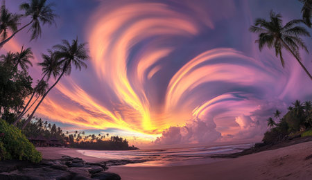 This image showcases a breathtaking tropical sunset over a beach with swirling clouds and palm trees.の素材
