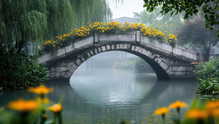An ancient stone bridge draped with flowers spans a misty river in a serene landscape setting.の素材