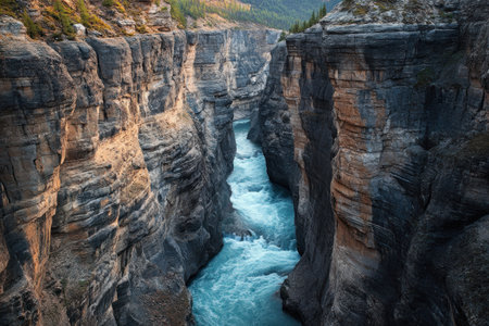 A deep canyon with tall rock walls and a powerful river flowing dramatically through it.の素材