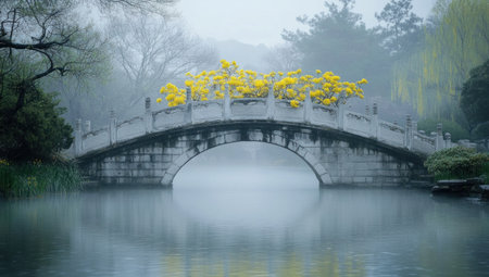 A traditional stone bridge with blossoming yellow flowers over tranquil waters in a misty, serene landscape.の素材