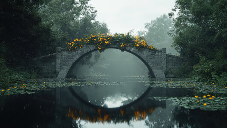 This image depicts an elegant stone bridge adorned with flowers reflecting peacefully in the water.の素材