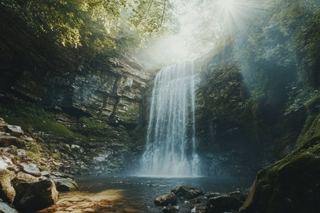 This image depicts a beautiful waterfall surrounded by lush forest vegetation in a natural environment.の素材