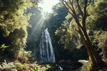 A vibrant waterfall surrounded by lush green forest with sunlight streaming through the trees.の素材