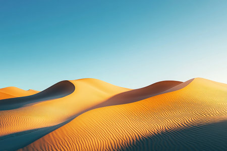 This image displays sunlit desert sand dunes under a clear blue sky with a peaceful, serene atmosphere.の素材