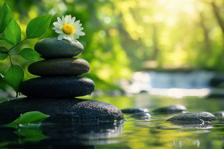 A serene image of stacked stones with a daisy, creating a harmonious natural scene in the water.の素材