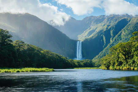 A pristine and scenic natural environment showcases a tall waterfall, mountains, trees, lake, and blue sky.の素材