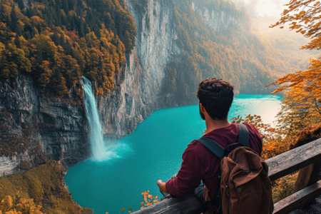A man with a backpack stands looking at a stunning waterfall cascading into a vibrant blue lake.の素材
