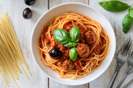 A top-down photo presents a bowl filled with spaghetti, tomato sauce, meatballs, and basil leaves.の素材