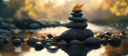 A stack of stones in a river shows a moment of peaceful balance, evoking tranquility in nature.の素材