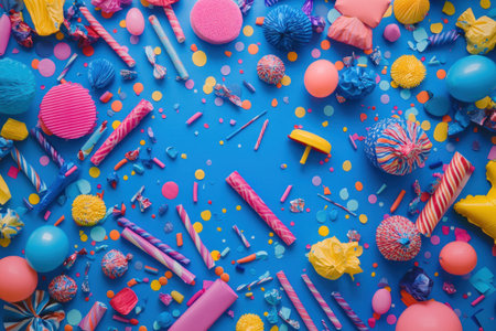 The image presents a colorful and festive arrangement of candies, confetti, and decorations on a blue surface.の素材