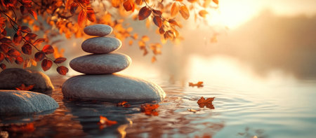 An image of a serene composition including a stone stack and autumn leaves in tranquil water.の素材