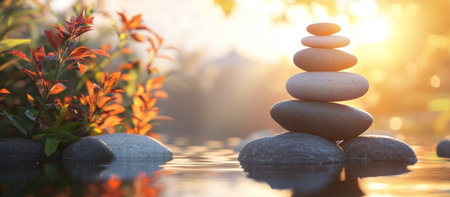 The image depicts a stone stack in water with foliage in the background during a bright sunset setting.の素材