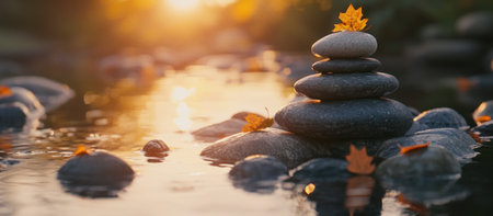 A balanced stack of stones in water creates a peaceful, zen-like autumn scene with sunlight.の素材