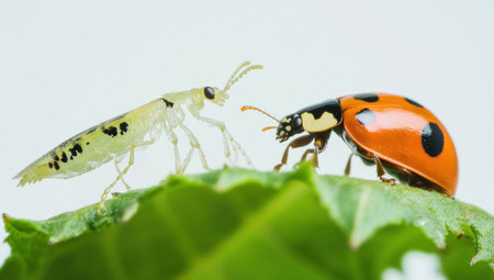 An insect and a ladybug are positioned closely together on a vibrant green leaf against white background.の素材