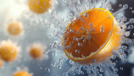A vibrant orange slice is surrounded by a dynamic splash of water droplets in a unique conceptual image.の素材