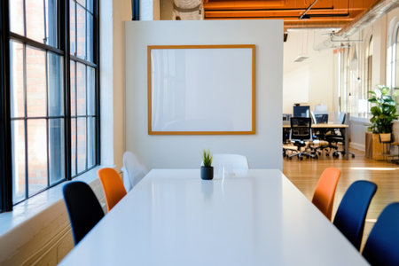 This image shows a bright, modern meeting room with an office space in the background.の素材
