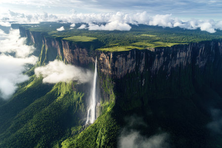 Huge green mountains, cliffs, clouds, and mist cover the tops of the mountain peaks. This aerial photography, captured with a high-definition, high-resolution professional camera, showcases the stunning natural landscape. A large valley below is surrounded by dark rocks with light green vegetation. The waterfall flows down from near to far in front of the picture, forming splashes that add vitality and energy to the scene. --ar 3:2 --v 6.1 Job ID: 6ecec2fd-a48f-48ce-8801-cf9f409e2531の素材