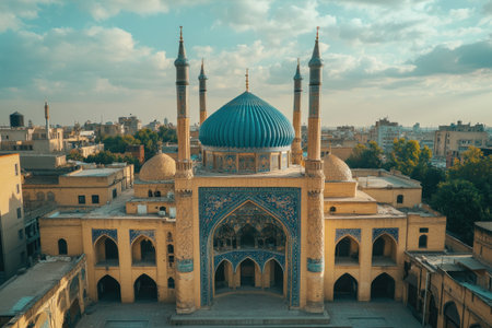 Photograph of a bird's-eye view of the exterior of a historical mosque in the city, featuring Chahar Bagh architectural style with a blue dome and minarets, ancient Iranian architecture with yellow sandstone walls and arches decorated with dark blue ceramic tiles on the edges, white clouds in the sky, daylight, warm tones, travel photography, wide-angle. --ar 3:2 --v 6.1 Job ID: d49e6b0f-2e2b-45b9-be60-0404de1ae319の素材