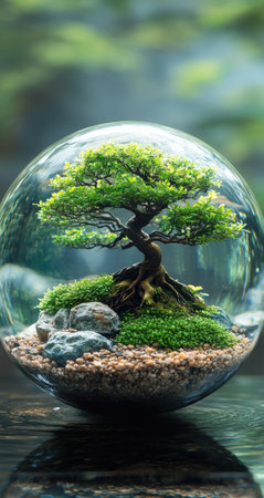 A beautiful and detailed photograph of an indoor miniature bonsai tree inside a large glass sphere on display. The entire scene is captured in high resolution with stunning clarity and composition, highlighting the intricate details of both the plant and the crystal-clear water within the ball-shaped aquarium. The photograph was taken using a Canon EOS R5 camera with a macro lens for sharp detail capture. --ar 8:15 --stylize 750 --v 6.1 Job ID: 85a09c03-d712-49c3-ad65-d48288e58356の素材