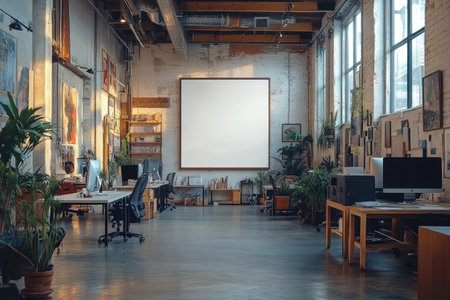 A blank white poster on the wall of an office with desks and computers. --ar 3:2 --stylize 750 --v 6.1 Job ID: 1ba189dd-50bd-4572-968c-96b47028b452の素材