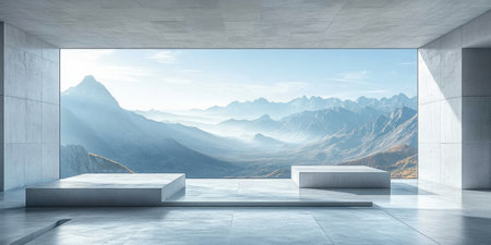 3D rendering of a white concrete room with a window view of a mountain landscape. Empty space. Mockup template banner. 20MP, wide-angle shot, full-frame, 5D Mark IV, cinematic lighting. --ar 2:1 --stylize 750 --v 6.1 Job ID: b2c8215c-07a0-4a13-b012-252d04720c72の素材